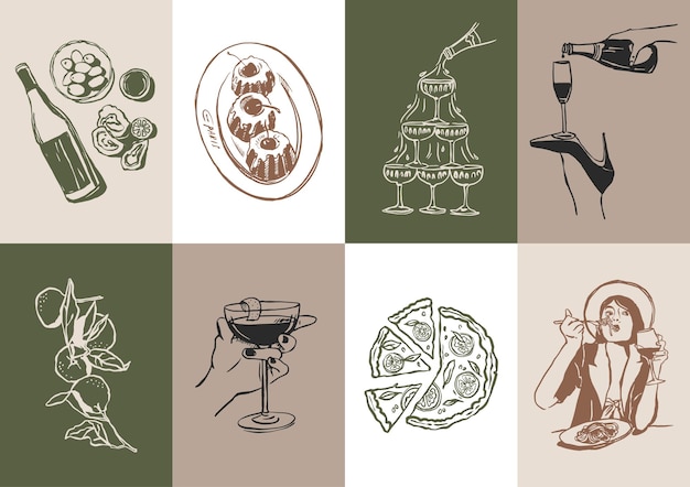Colección minimalista de ilustraciones vectoriales de comida y bebida dibujadas a mano