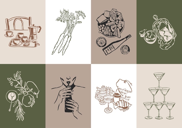 Colección minimalista de ilustraciones vectoriales de comida y bebida dibujadas a mano