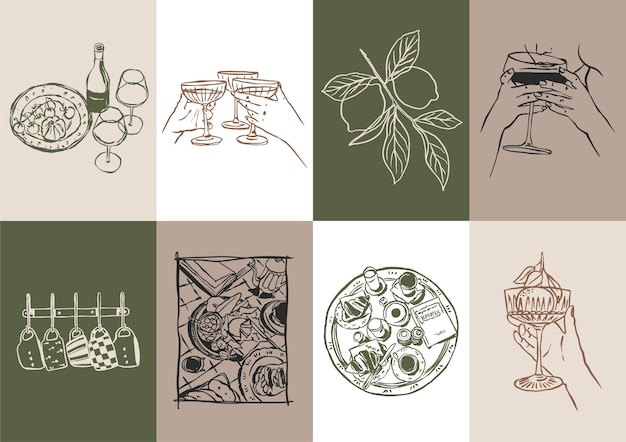 Colección minimalista de ilustraciones vectoriales de comida y bebida dibujadas a mano