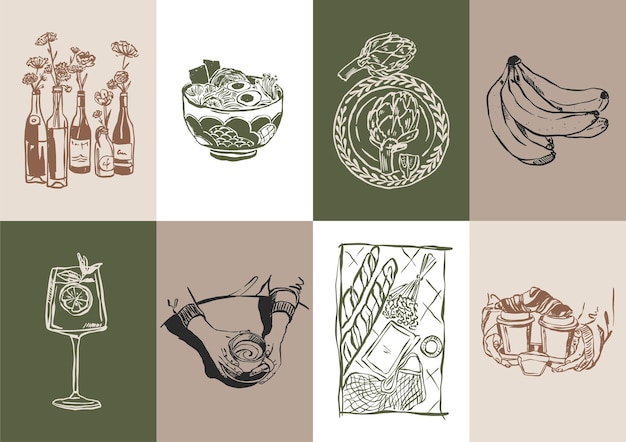Colección minimalista de ilustraciones vectoriales de comida y bebida dibujadas a mano