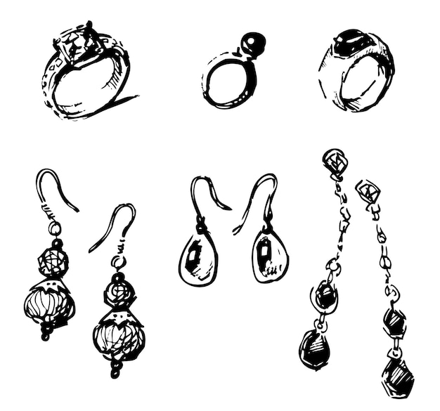 Colección de moda de joyas femeninas bocetos metales preciosos y piedras anillos pendientes vector