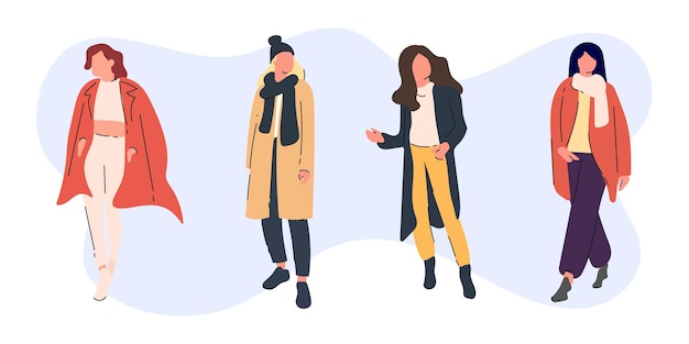 Colección de moda para mujeres de invierno Ilustración vectorial de mujeres de dibujos animados de pie en trajes de invierno