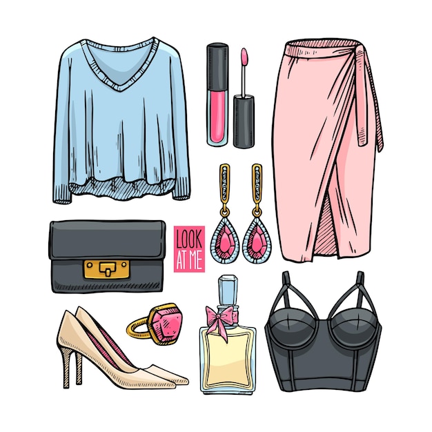 Colección de moda de niña boceto ropa y accesorios estilo casual mujer ilustración dibujada a mano