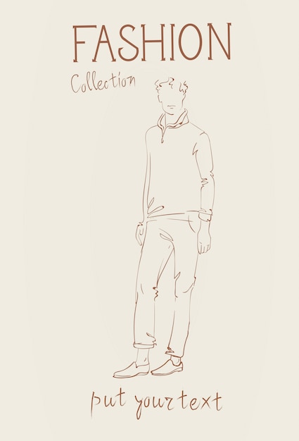 Colección de moda de ropa modelo masculino con ropa de moda sketch