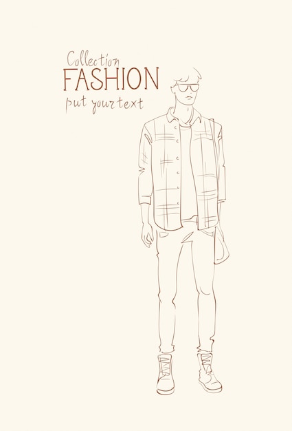 Colección de moda de ropa modelo masculino con ropa de moda sketch