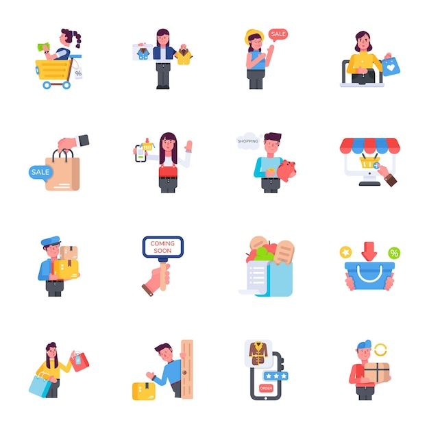 Colección moderna de iconos planos de compras en línea