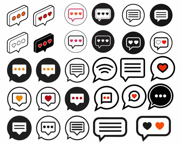 Colección de modernos iconos de burbuja de mensajes con corazones y puntos para diseños de comunicación