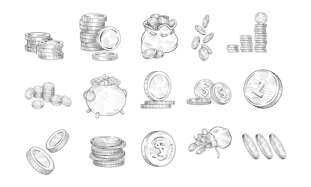 Colección de monedas dibujadas a mano.