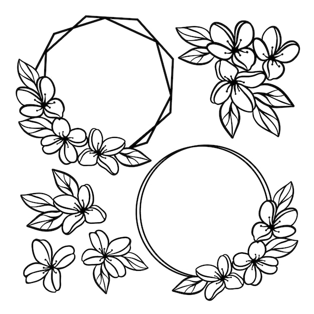 Colección monocromática de wreaths wedding de flores y ramos de jazmín en contornos calados de marco circular para imprimir dibujos animados cliparts vector ilustración conjunto