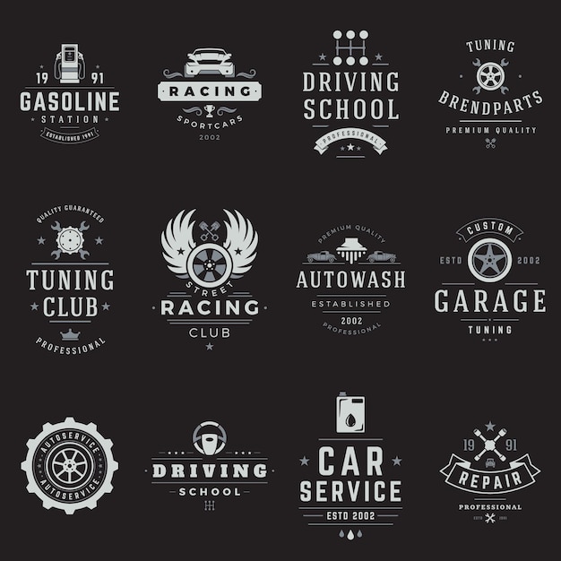 Colección monocromo retro logo automóvil servicio club sociedad decorativo diseño vector ilustración Set vintage logotipo gasolinera escuela de conducción tuning coche autolavado garaje carreras callejeras
