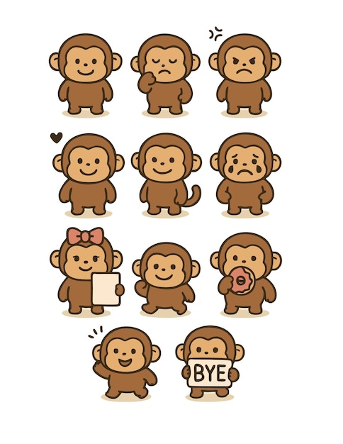 Colección de monos de dibujos animados que expresan diferentes emociones