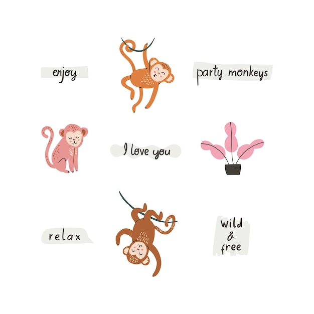 Colección de monos en diferentes poses Carácter vectorial en estilo dibujado a mano Ilustración de niños aislada sobre fondo blanco Conjunto de lindas letras