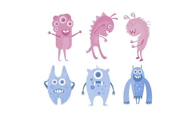 Colección de monstruos lindos vector de caracteres alienígenas divertidos azules y morados ilustración aislada sobre fondo blanco