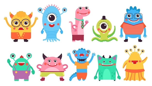 Colección de monstruos para niños Monstruo infantil aislado personajes de dibujos animados extraterrestres Elementos cómicos feos lindos bestia colorida loca conjunto de vectores decentes