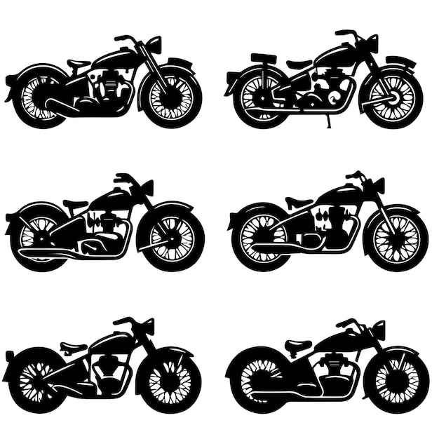 Vector una colección de motocicletas clásicas con estilos de silueta