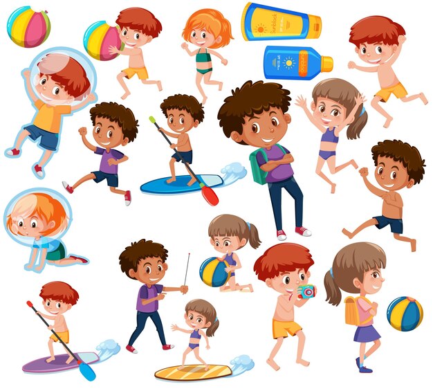 Colección de muchos niños haciendo diferentes actividades.