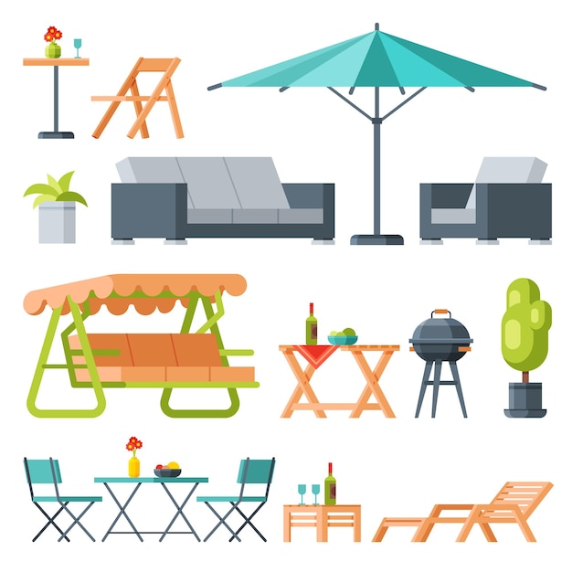 Vector colección de muebles de jardín modernos mesa sombrilla paraguas banco colgante sillón barbacoa parrilla plana ilustración vectorial