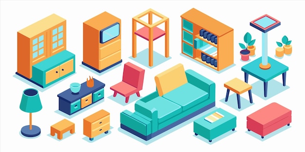 Vector una colección de muebles que incluye un sofá, una silla y una estantería