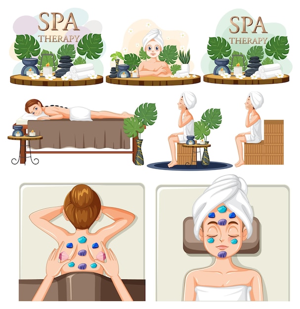 Colección de mujeres disfrutando de tratamientos de spa.