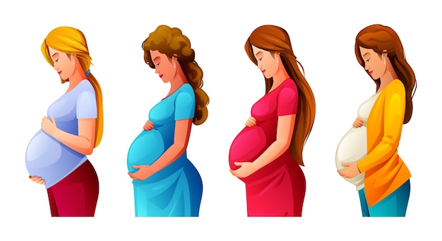 Colección de mujeres embarazadas abrazando su vientre Ilustración de dibujos animados vectoriales
