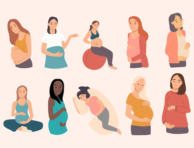 Colección de mujeres embarazadas haciendo ejercicio gimnástico, durmiendo, meditando. Conjunto de embarazo feliz.