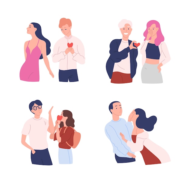 Colección de mujeres y hombres que intentan presentar sus corazones al amado. amor no correspondido, unilateral o rechazado. personajes de dibujos animados masculinos y femeninos aislados sobre fondo blanco. ilustración vectorial