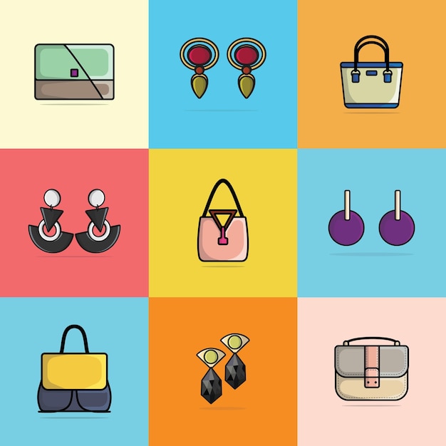 Vector colección de mujeres moda pendientes coloridas joyas y bolsos de lujo ilustración vectorial