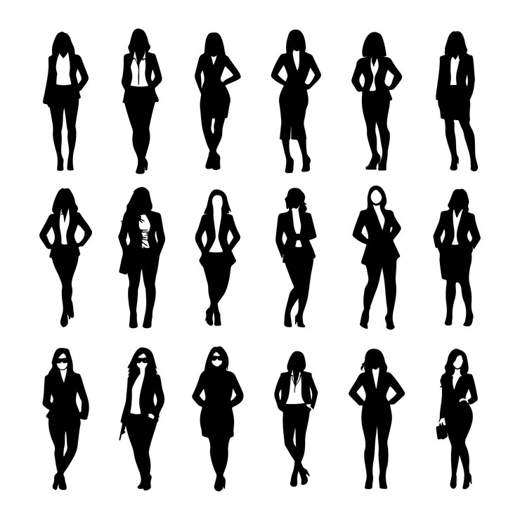 Colección de mujeres de negocios de pie en varias poses siluetas ilustración vectorial