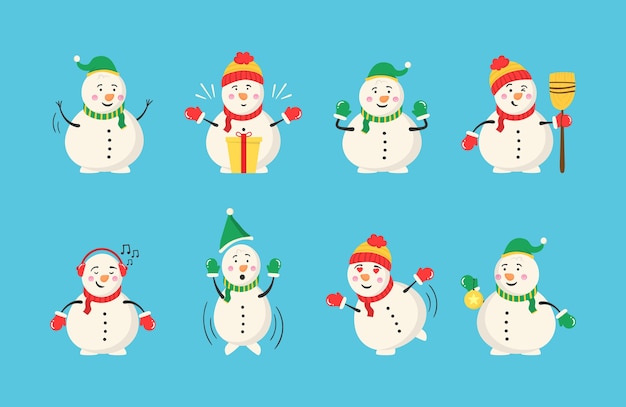 Colección de muñecos de nieve para Navidad e invierno. Muñecos de nieve alegres en diferentes trajes. Conjunto de dibujos animados de personajes en diseño plano.