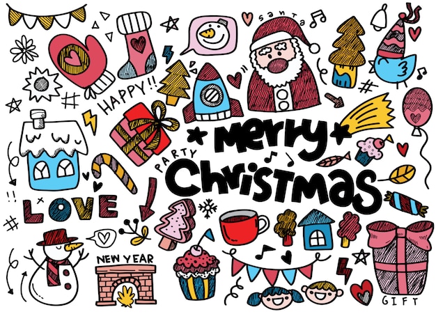 Colección de navidad doodle, ilustración colorida