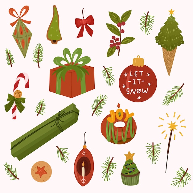 Colección de Navidad elementos de diseño de vacaciones de colorido. Vector ilustración de dibujos animados dibujados a mano.
