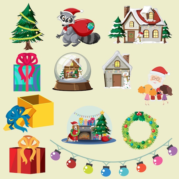 una colección de Navidad incluyendo un árbol de Navidad una casa y un Papá Noel