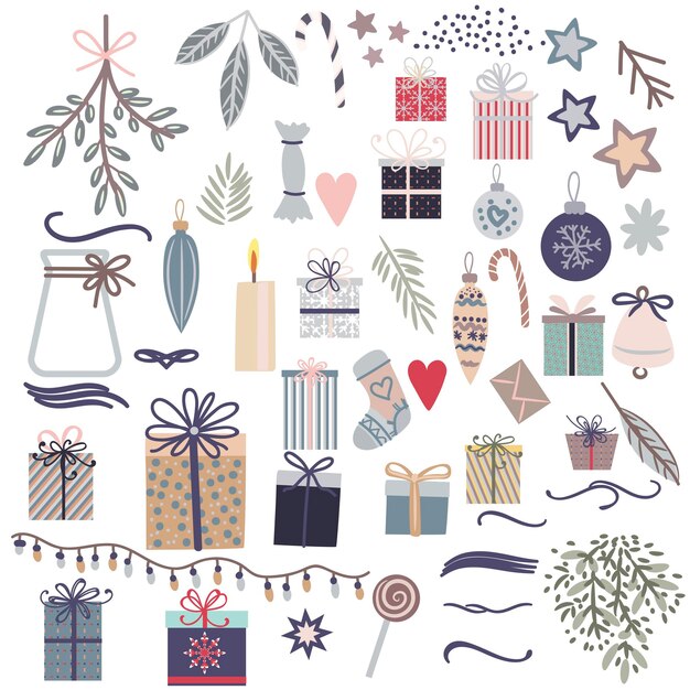 Colección navideña de adorables elementos de Navidad en estilo rústico