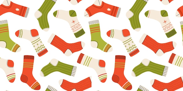 Colección navideña de calcetines de algodón y lana de moda con diferentes texturas aisladas sobre fondo blanco patrón sin costuras vectorial Calcetines de invierno de punto de diferentes colores y tamaños