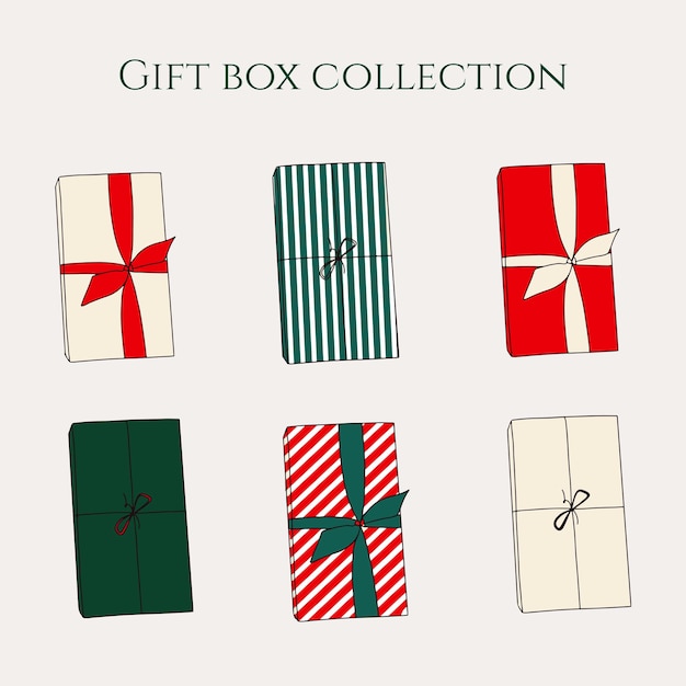 Colección navideña con diferente caja presente en papel de regalo y cinta Fondo de año nuevo