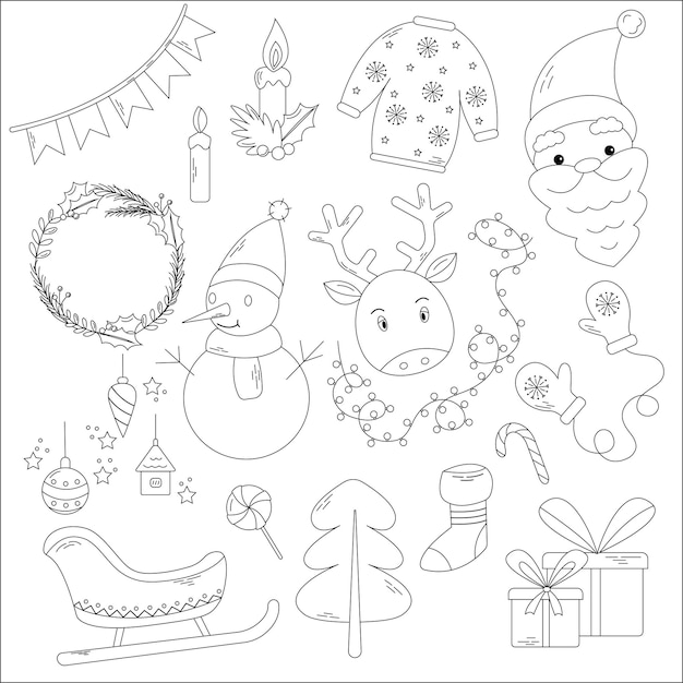 Colección navideña de invierno en blanco y negro con símbolos tradicionales snowman santa reindeer tree