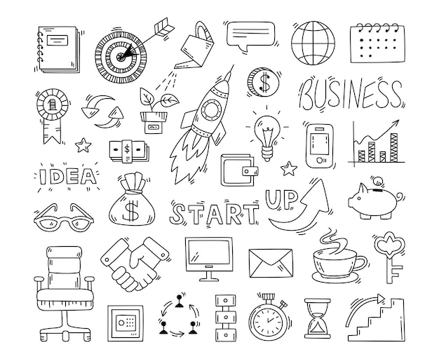 Colección de negocios de garabatos Elementos de trabajo dibujados financieros de la empresa Iconos de boceto de dinero digital de banca de redes sociales Desarrollo creativo conjunto de vectores con clase