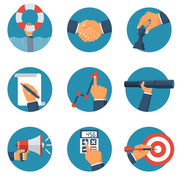 Colección de negocios icono plano Concepto de ayuda apretón de manos hombres desarrollo de estrategia documento de firma aumento de gráficos gestión de visión costo logro de objetivos Diseño de dibujos animados de ilustración vectorial