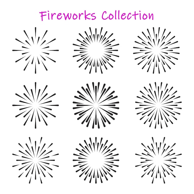 Colección negra de fuegos artificiales o rayos de sol Conjunto vectorial de elementos de diseño de rayos de explosión de luz vintage o retro Patrón de contorno de ráfaga abstracto amanecer petardo