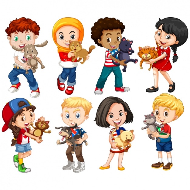 Vector colección de niños con mascotas