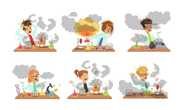 Colección de niños y niñas científicos después de experimentos fallidos escolares experimentando en el laboratorio de ciencias Ilustración vectorial