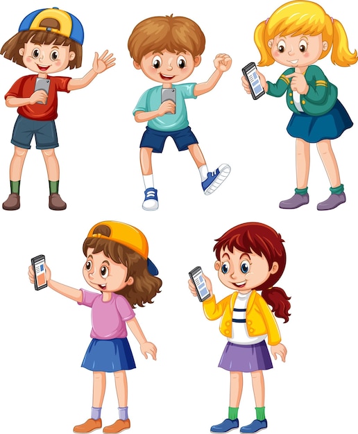 Vector colección de niños usando teléfonos inteligentes