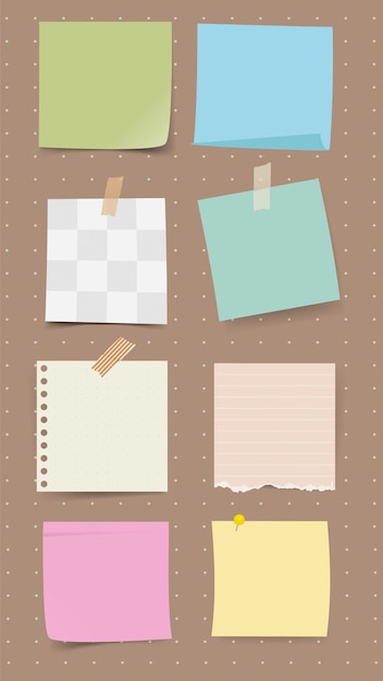 Colección de notas adhesivas coloridas en un fondo punteado Notas adhesivas en verde azul rosa y amarillo Varias texturas de papel y estilos adhesivos Conjunto vectorial de elementos de papelería
