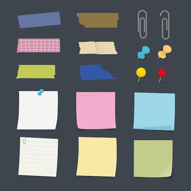 Colección de notas pegajosas de colores, alfileres y clips de papel. Notaspegajosas en varios colores. Fijación de alfileres e alfileres de papel. Añade organización de la oficina. Conjunto vectorial de elementos de papelería.