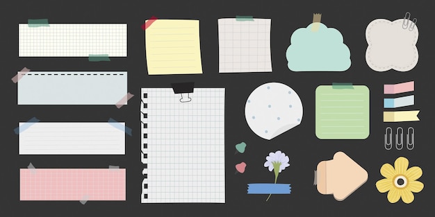 Colección de notas pegajosas coloridas clips de papel y cuadernos Incluye papel alineado y en forma de cuadrícula Ideal para la escuela de oficina o proyectos creativos Conjunto vectorial lindo