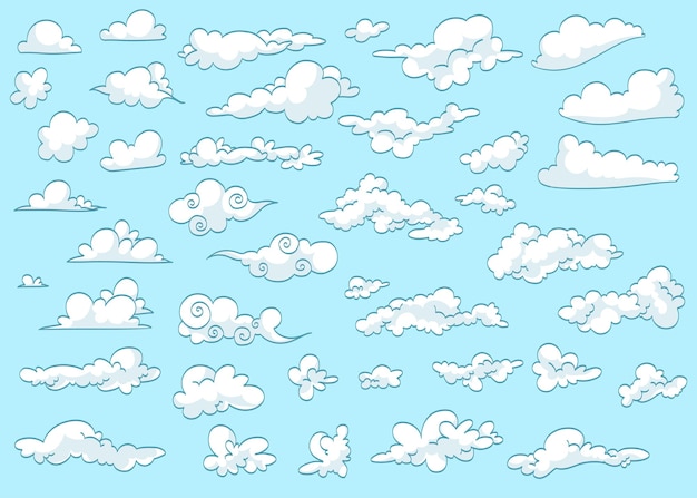 Colección de nubes coloridas al estilo de dibujos animados en el cielo