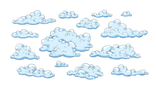 Colección de nubes esponjosas de diferentes formas y tamaños. Conjunto de cúmulos rizados dibujados a mano aislados sobre fondo blanco. Hermosa vista del cielo. ilustración vectorial