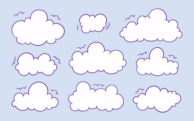 Colección de nubes en estilo de dibujos animados de garabatos aislado sobre fondo azul.