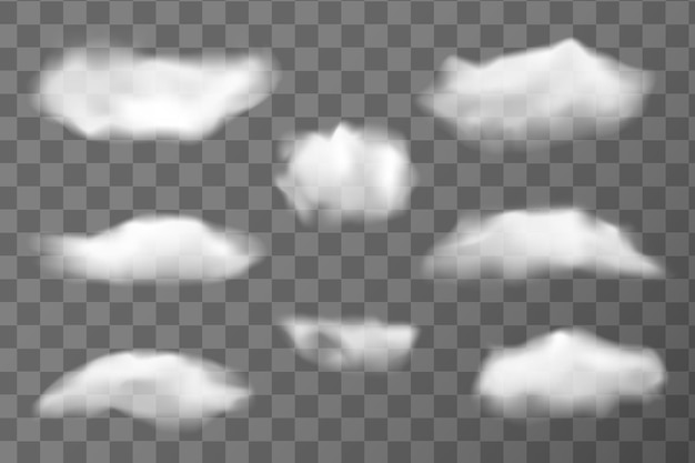 Colección de nubes vectoriales realistas Conjunto de elementos de niebla de humo o nubes de vapor blanco aislados sobre un fondo transparente