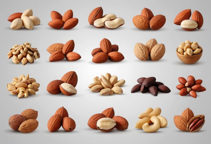 Vector una colección de nueces, incluidas almendras, almendras y chocolate